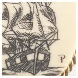 Peter Driscoll Scrimshaw Picture Of Sailing Ship Yellow Base Metal Pin/Pendant.