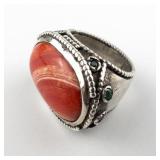 ***Stunning*** Hand Fabricated Bright Color Sardonyx With Emerald & Sapphire Accents Accented Sterling Silver Statement Ring. Size 5.75 - 6.