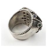 ***Stunning*** Hand Fabricated Bright Color Sardonyx With Emerald & Sapphire Accents Accented Sterling Silver Statement Ring. Size 5.75 - 6.