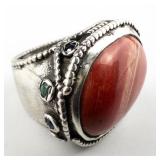 ***Stunning*** Hand Fabricated Bright Color Sardonyx With Emerald & Sapphire Accents Accented Sterling Silver Statement Ring. Size 5.75 - 6.
