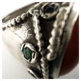 ***Stunning*** Hand Fabricated Bright Color Sardonyx With Emerald & Sapphire Accents Accented Sterling Silver Statement Ring. Size 5.75 - 6.