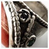 ***Stunning*** Hand Fabricated Bright Color Sardonyx With Emerald & Sapphire Accents Accented Sterling Silver Statement Ring. Size 5.75 - 6.