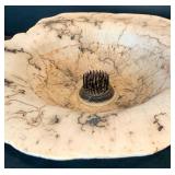 Artisan Crafted Horse Hair Pottery Bowl with Floral Frog
