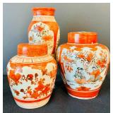 Vintage Two Japanese Kutani Covered Porcelain Ginger Jars and Japanese Vase Porcelain