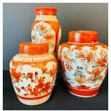 Vintage Two Japanese Kutani Covered Porcelain Ginger Jars and Japanese Vase Porcelain