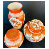 Vintage Two Japanese Kutani Covered Porcelain Ginger Jars and Japanese Vase Porcelain