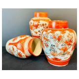 Vintage Two Japanese Kutani Covered Porcelain Ginger Jars and Japanese Vase Porcelain