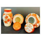 Vintage Two Japanese Kutani Covered Porcelain Ginger Jars and Japanese Vase Porcelain