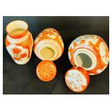 Vintage Two Japanese Kutani Covered Porcelain Ginger Jars and Japanese Vase Porcelain