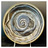 Vintage Pottery Art Stoneware Glaze Swirled with Blue, Brown and Cream