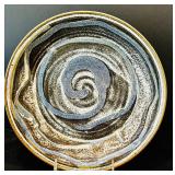 Vintage Pottery Art Stoneware Glaze Swirled with Blue, Brown and Cream
