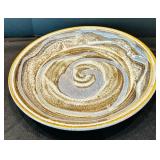 Vintage Pottery Art Stoneware Glaze Swirled with Blue, Brown and Cream