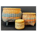 Vintage Beautiful Color Two Woven Baskets and Trinket Box