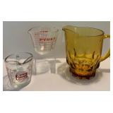 Beautiful Vintage Amber Glass Pitcher and Glass Pyrex Measuring Cups