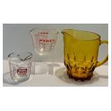 Beautiful Vintage Amber Glass Pitcher and Glass Pyrex Measuring Cups