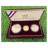1992 US Olympic Coins 3 Coin Uncirculated Set - $5 Gold Coin $1 Silver Coin & Clad Half Dollar