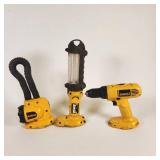 Lot Of 3 DeWalt 18v Power Tools, DW959 Drill/Driver, DW919 Light, DC527 Fluorescent Light
