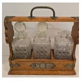 Vintage Oak Tantalus with Crystal Decanters and More