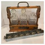 Vintage Oak Tantalus with Crystal Decanters and More