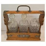 Vintage Oak Tantalus with Crystal Decanters and More