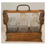 Vintage Oak Tantalus with Crystal Decanters and More