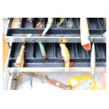 Vintage UMCO 173AS Tackle Box and Contents…Hot-Shot S-M2, Kautzky Lazy Ike,  Heddon Wood Cobra and More