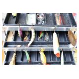 Vintage UMCO 173AS Tackle Box and Contents…Hot-Shot S-M2, Kautzky Lazy Ike,  Heddon Wood Cobra and More