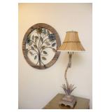 Interior Home DeCor...Metal/Wood Floral Wall Art and Bamboo-Style Slim Table Nightstand Lamp...