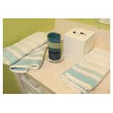 Bathroom DeCor & Accessories...Towel Set, Trash Bin w/Matching Kleenex Box, Pillar Candle...