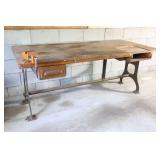 Antique Cast Iron-Legged Solid Wood Work Bench Sewing Crafting Table w/Vise…