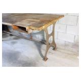 Antique Cast Iron-Legged Solid Wood Work Bench Sewing Crafting Table w/Vise…