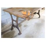Antique Cast Iron-Legged Solid Wood Work Bench Sewing Crafting Table w/Vise…