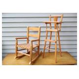 Vintage Child’s Wood Rocking Chair and Doll High-Chair