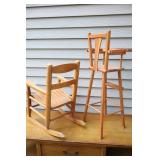 Vintage Child’s Wood Rocking Chair and Doll High-Chair