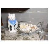 Home Decor…Cat Cookie Jar, Large Shell-Filled Glass Fish