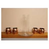 Four-Piece Set Copper Mule Mugs, Glass Tube Vase Cover and Platter
