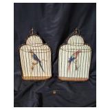 Vintage Birdcage Wall Art Pair with Parrot Illustrations