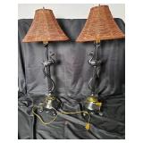 Pair of Black Metal Peacock Table Lamps with Beaded Shades