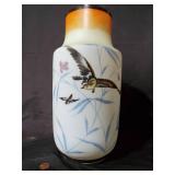 Large Hand-Painted Porcelain Vase with Bird and Floral Design