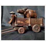 Handcrafted Wooden Cart with Buffalo and Farmer Figurines