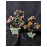 Lot of 2 Vintage Artificial Bonsai Floral Arrangements in Ceramic Pots