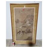 Framed Chinese Silk Painting with Ox and Cart Scene