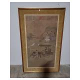Framed Chinese Silk Painting with Ox and Cart Scene