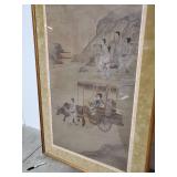 Framed Chinese Silk Painting with Ox and Cart Scene