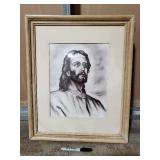 Lot of Two Jesus Art Pieces - Print and Wood Carving