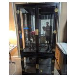 Black Wood and Glass Display Cabinet with Brass Accents and Built-In Lighting