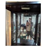 Black Wood and Glass Display Cabinet with Brass Accents and Built-In Lighting