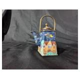 Decorative Miniature Teapot with Night Sky and House Design