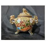 Vintage Ceramic Incense Burner with Lid and Decorative Handles