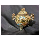 Vintage Ceramic Incense Burner with Lid and Decorative Handles